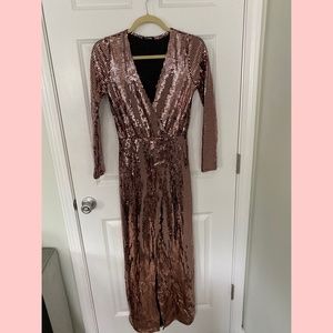 Rose Gold Metallic Long Sleeve Wrap Dress - Bronze